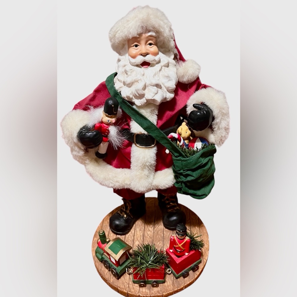 Vintage Santa Claus Figurine w/ Toy Train & Soldier Base – Fabric Suit